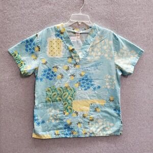 Dagacci Women Scrub Top Medium Blue Floral Paisley Short Sleeve Pockets V Neck